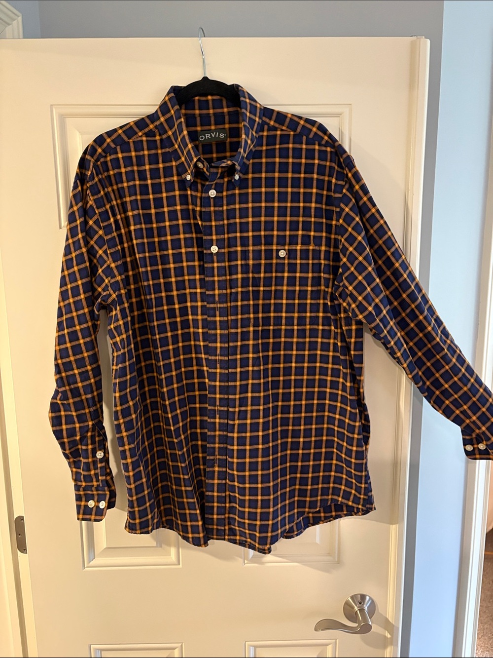 Orvis Men's Navy and Orange Checked Button-Down Shirt